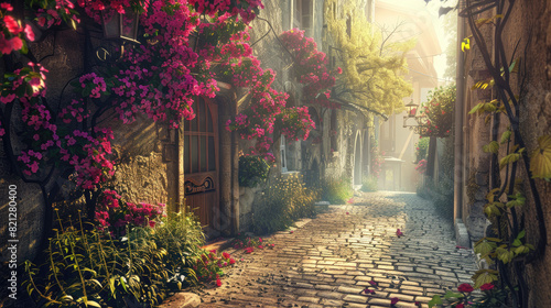 Sunlit Cobblestone Alleyway in European City with Blooming Flowers