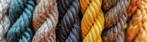 Close-up image of multicolored, textured ropes lined up side by side, showcasing a variety of vibrant hues and intricate braiding patterns.