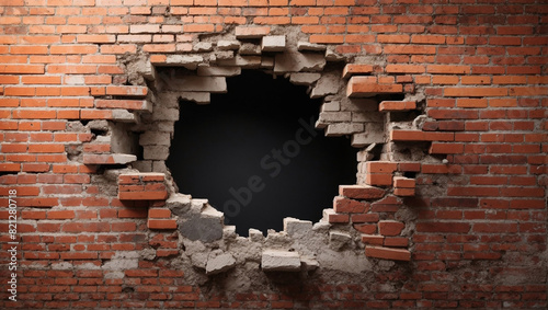This is a photo of a hole in a brick wall. The hole is dark and you can't see what's on the other side. 