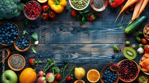 Assorted fresh fruits and vegetables on a dark wooden table. Flat lay composition with copy space. Healthy eating and organic food concept
