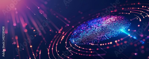 Futuristic digital fingerprint with glowing particles and data points on a dark background, symbolizing technology and security.