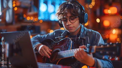 A young musician wearing headphones, playing guitar and recording in a cozy, warmly lit studio, surrounded by musical equipment