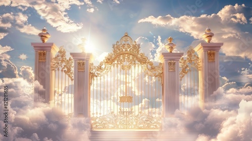 Golden gates in heaven surrounded by clouds, with sunlight breaking through, creating a divine and ethereal atmosphere.