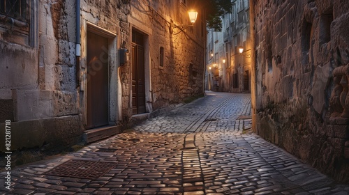A cobblestone street in a historic European town, illuminated by streetlights, creates a nostalgic charm.