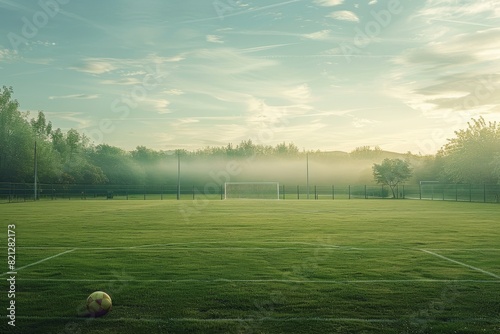 Serene Early Morning Soccer Field with Lone Ball at Penalty Spot - Perfect Goal Kick Moment for Sports Design