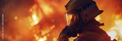 A focused firefighter wearing a protective helmet stares intently at a fire, ready for action against a dramatic inferno