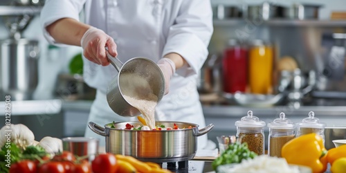 A professional chef is captured precisely adding ingredients to a pot, highlighting the culinary expertise and kitchen environment