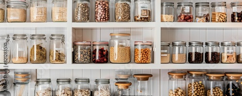 Organized pantry shelves with various food items stored in glass jars. Perfect for home organization and storage inspiration.