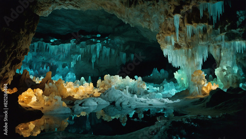 A network of caves with walls covered in glowing, bioluminescent fungi and crystal formations