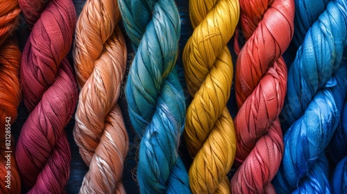 Vibrant multicolored threads twisted together, showcasing a range of colors from red to blue, perfect for textile, craft, and design projects.