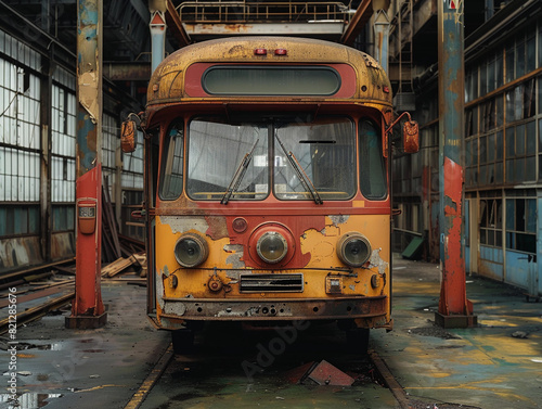 Rusty Blue Tram in Abandoned Factory