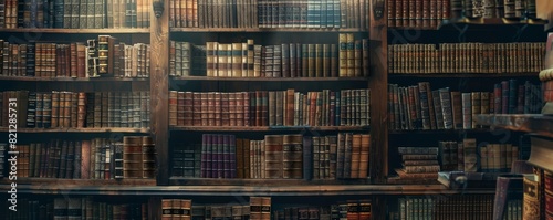 Vintage library filled with old, classic books on wooden shelves. Ideal for academic, literary, and educational content.