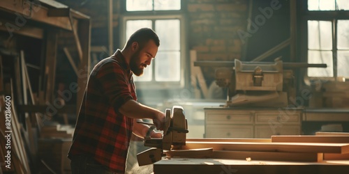 A person is sawing wood in a workshop with dust particles in the air, suggesting craftsmanship