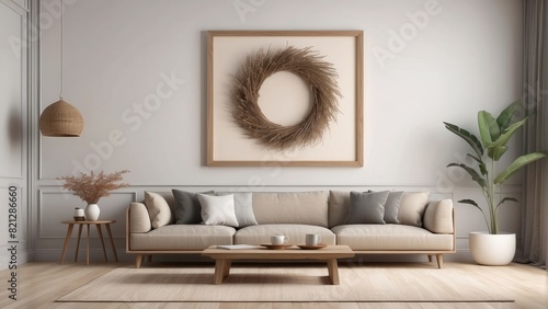 blank mock up frame in modern interior background, Mocha wooden living room