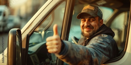 A smiling male truck driver in cap gives a thumbs up from his vehicle, suggesting satisfaction and confidence
