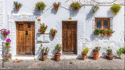 A white Andalusian building, with many flower pots