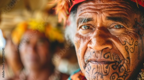 Senior man with traditional face tattoo red headdress