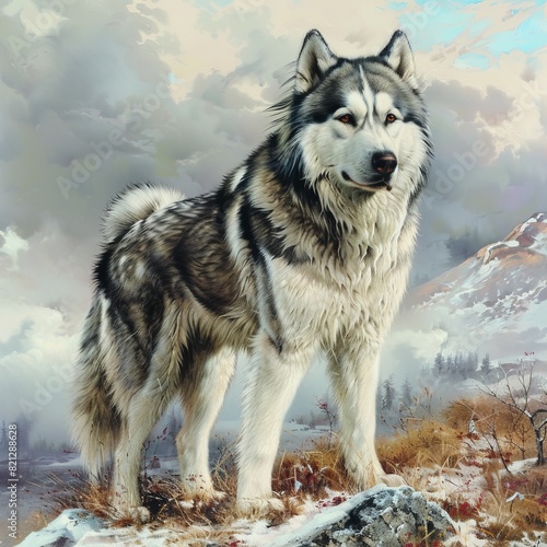 Alaskan malamute, bourne mountain, long dog hair, strong dog, eyes, temperament, generated with ai
