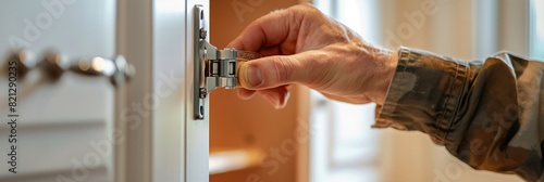 Close-up view of a hand fine-tuning a contemporary adjustable hinge on a white kitchen cabinet