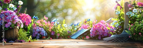 A variety of colorful flowers bloom in a garden, surrounded by garden tools on a wooden surface, with a blurred natural background. Generative AI