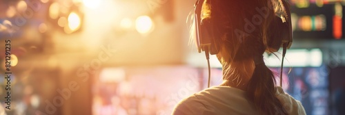 Rear view of a woman wearing headphones against a brightly lit background, lost in music and relaxation