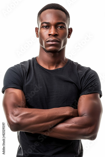 Serious African American man with his arms confidently crossed, posing against an isolated white background, conveying strength, determination, and self-assurance in his demeanor