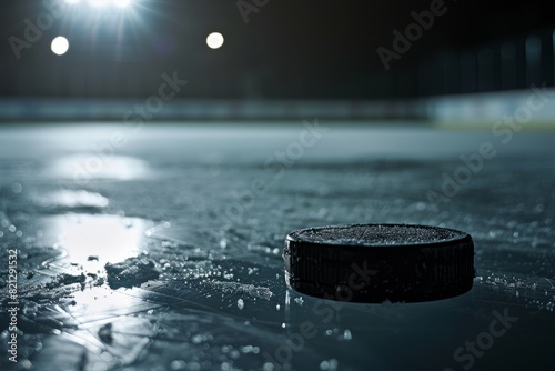 Ice Hockey Puck on Smooth Ice Rink Surface Closeup