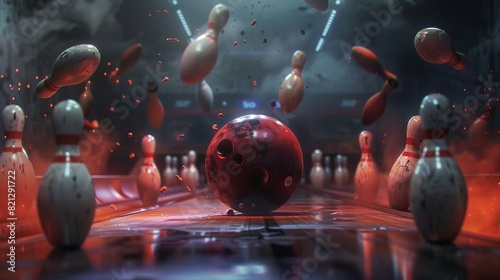 A bowling ball knocks down pins in a dark setting. The image is rendered in 3D.