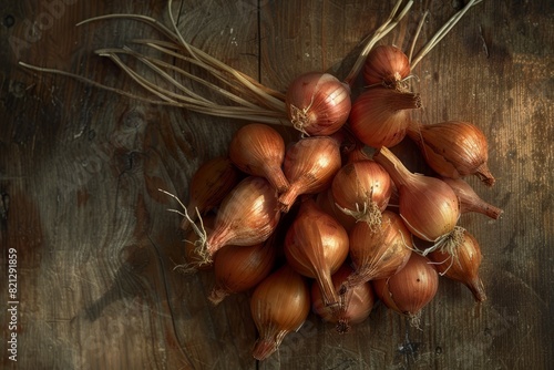 Organic Shallots on Rustic Wooden Surface