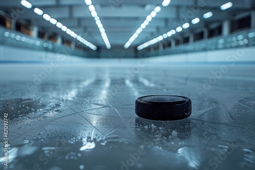 Ice Hockey Puck on Frozen Rink Surface, Lowangle View