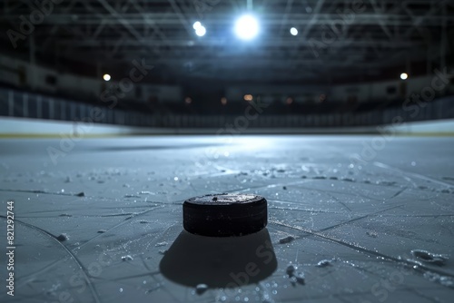Lowangle Shot of Ice Hockey Puck on Rink