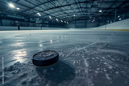 Hockey Puck on Ice Rink at Arena, Lowangle View