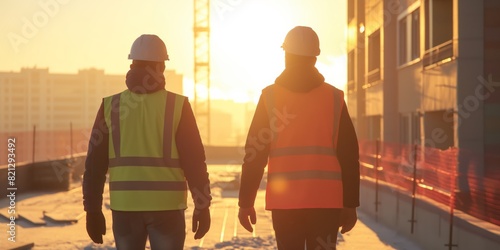 Two construction workers in safety vests and helmets are overlooking a building site at sunrise