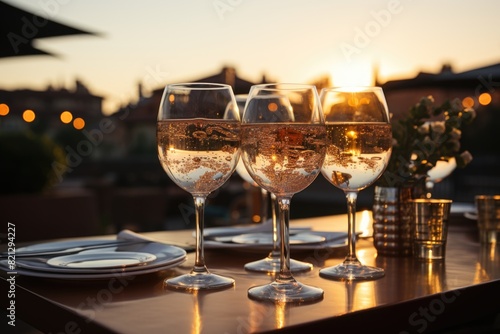 Bubbling sparkling glasses are erected at a celebration dinner on a terrace with s, generative IA