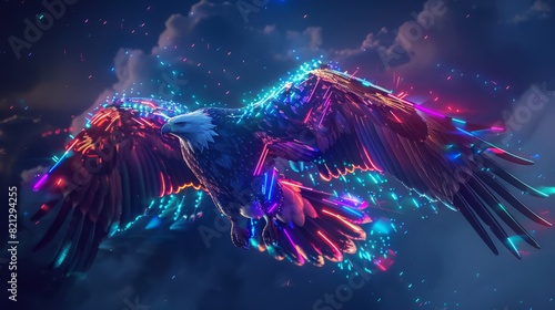 Dark neon robotic bald eagle flying alit with colorful neon lights, full body, in a dark tech made sky environment, generated with ai