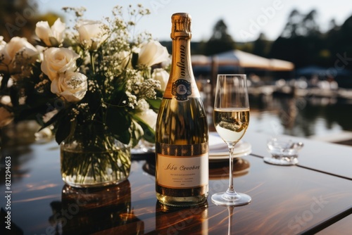 A bottle of sparkling wine is embarrassed in a wedding reception by a serene lake , generative IA