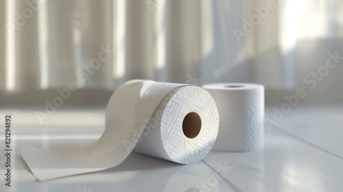 Several rolls of snow-white toilet paper on a light background, which emphasizes its softness and tenderness. Copy space