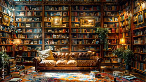Woman sitting on couch in front of book shelf filled with books.