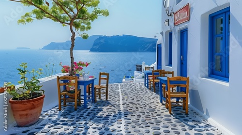A photo of an idyllic Greek tavern with blue tables and chairs, overlooking the sea in Santorini island, Greece. generated with AI