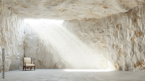 There is a room hollowed out in a mountain cave with a single chair in it. Light enters the room from the ceiling. Modern design. Illustration for cover, postcard, interior design, brochure, etc.