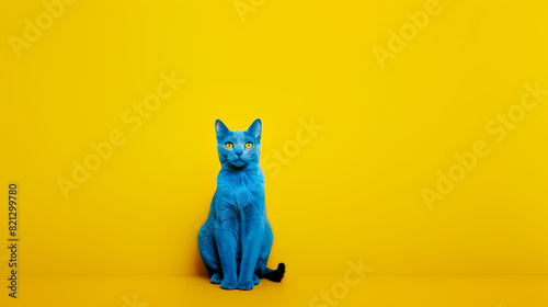 chat avec les poils bleus assis sur un fond jaune, vu de face - fond jaune 