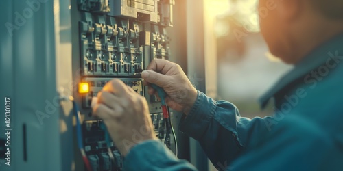 An electrician is meticulously working on an electrical power distribution panel with attention