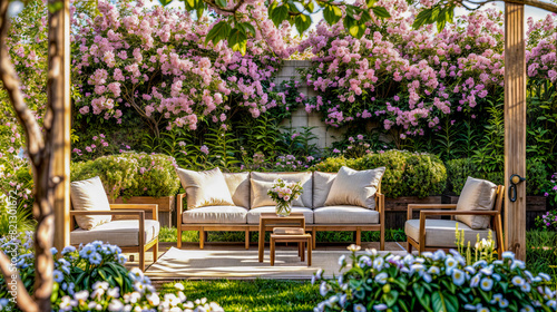 Garden with couch, chairs, and flowers in blooming trees.