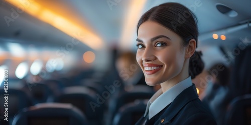 Beautiful air hostess offers a warm smile to passengers during a flight