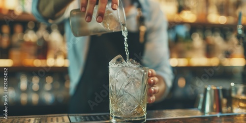 A bartender skillfully pours a drink into a glass with ice at a bar, suggesting a social and hospitality theme
