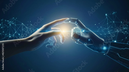 Humanity and technology unite. A poignant scene unfolds as a man and a robot touch hands, symbolizing harmony and collaboration between human ingenuity and AI. Generative AI