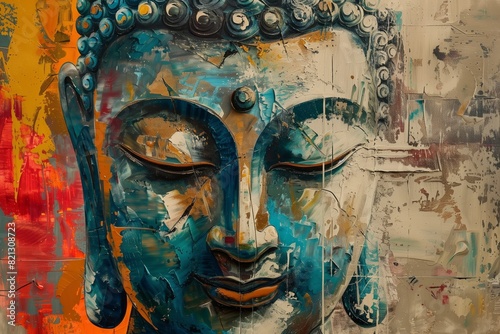 Colorful Antique Inspired Abstract Buddha Oil Painting Artwork