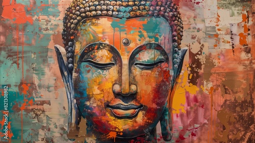 Colorful Antique Inspired Abstract Buddha Oil Painting Artwork