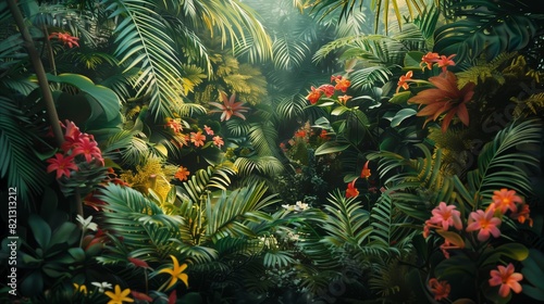 Dense tropical undergrowth with giant ferns, blooming flowers, and hidden wildlife