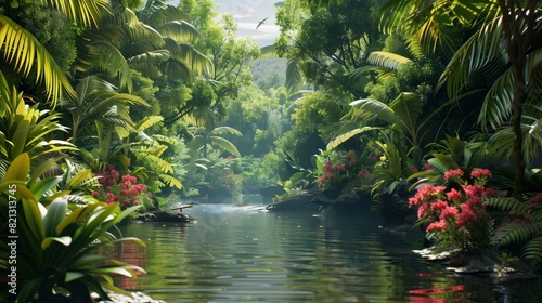 Lush tropical riverbank with dense foliage, colorful birds, and a gentle river flow